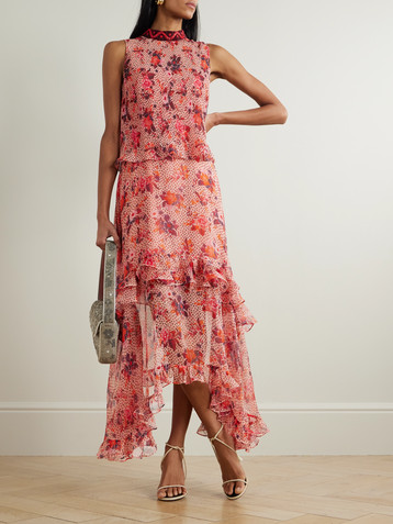 Saloni Miri ruffled beaded-embellished printed crepon dress