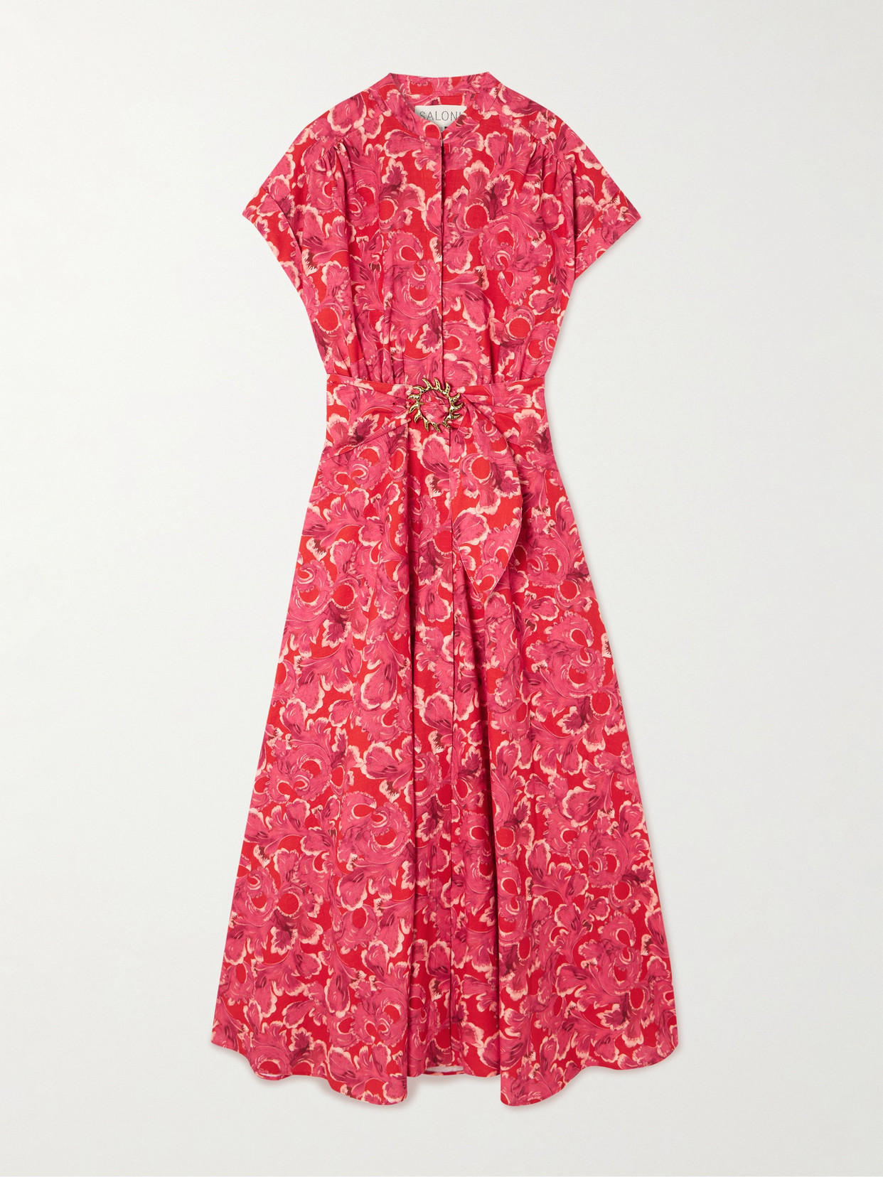Saloni Neesha Belted Floral-print Cotton-voile Midi Dress In Red