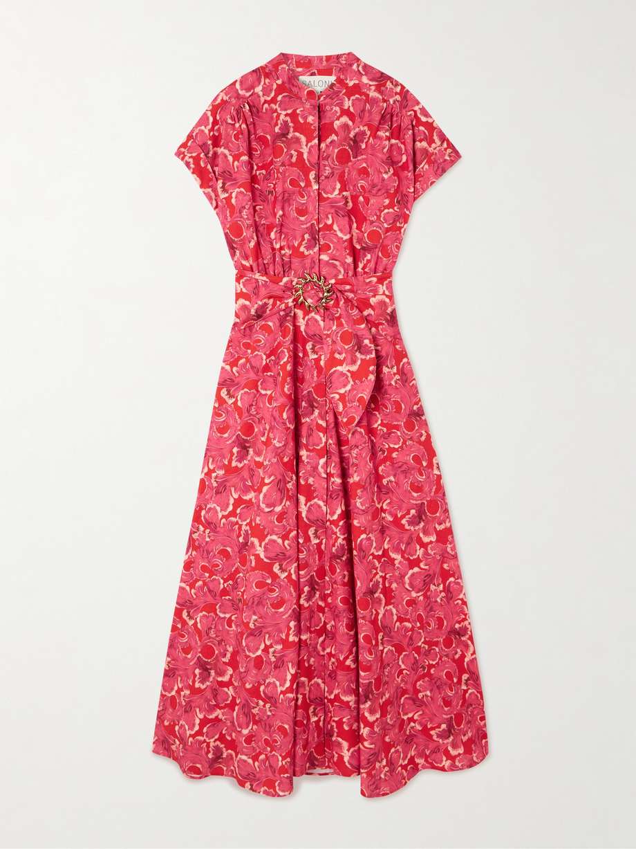 neesha belted floral-print cotton-voile midi dress