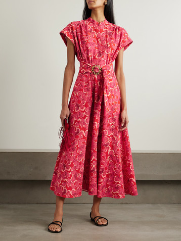 Saloni Neesha belted floral-print cotton-voile midi dress