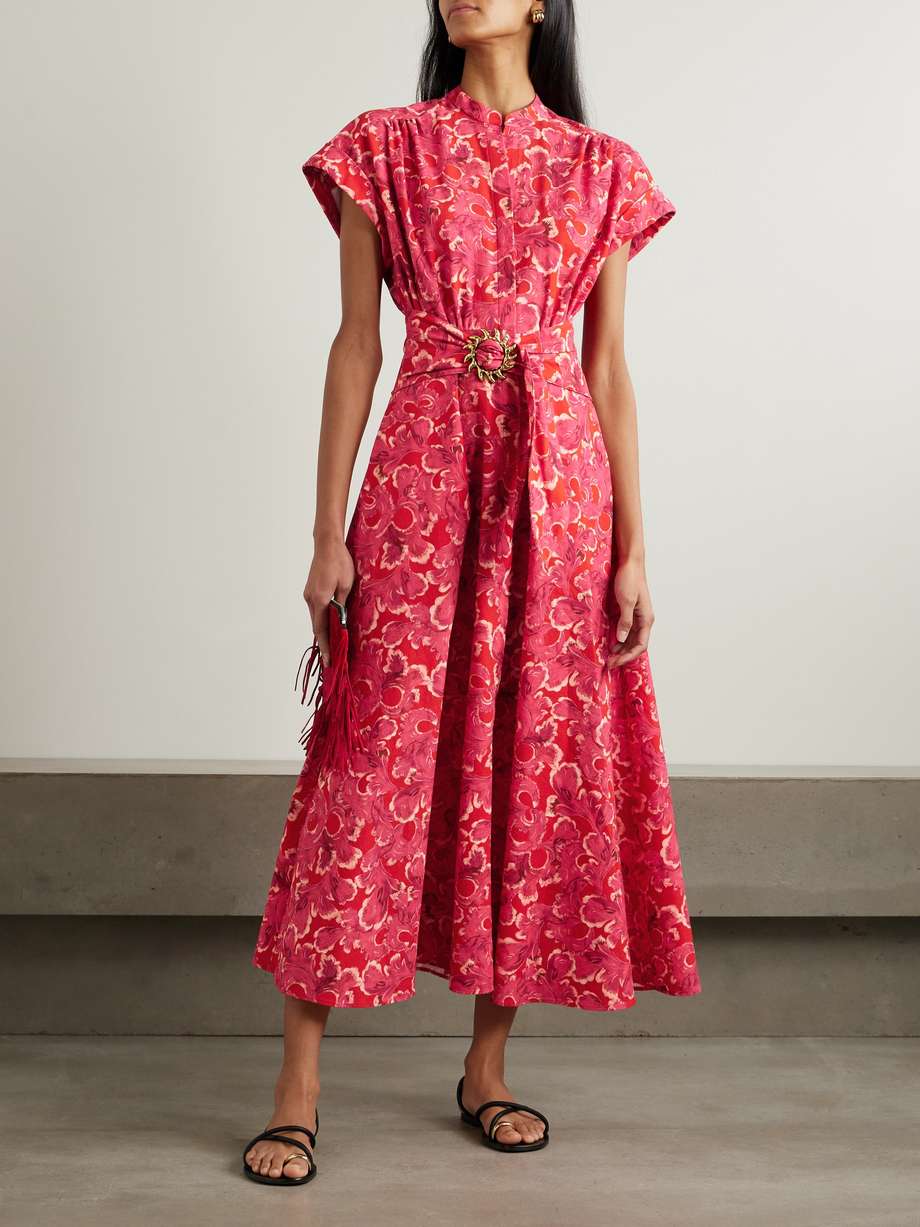 neesha belted floral-print cotton-voile midi dress