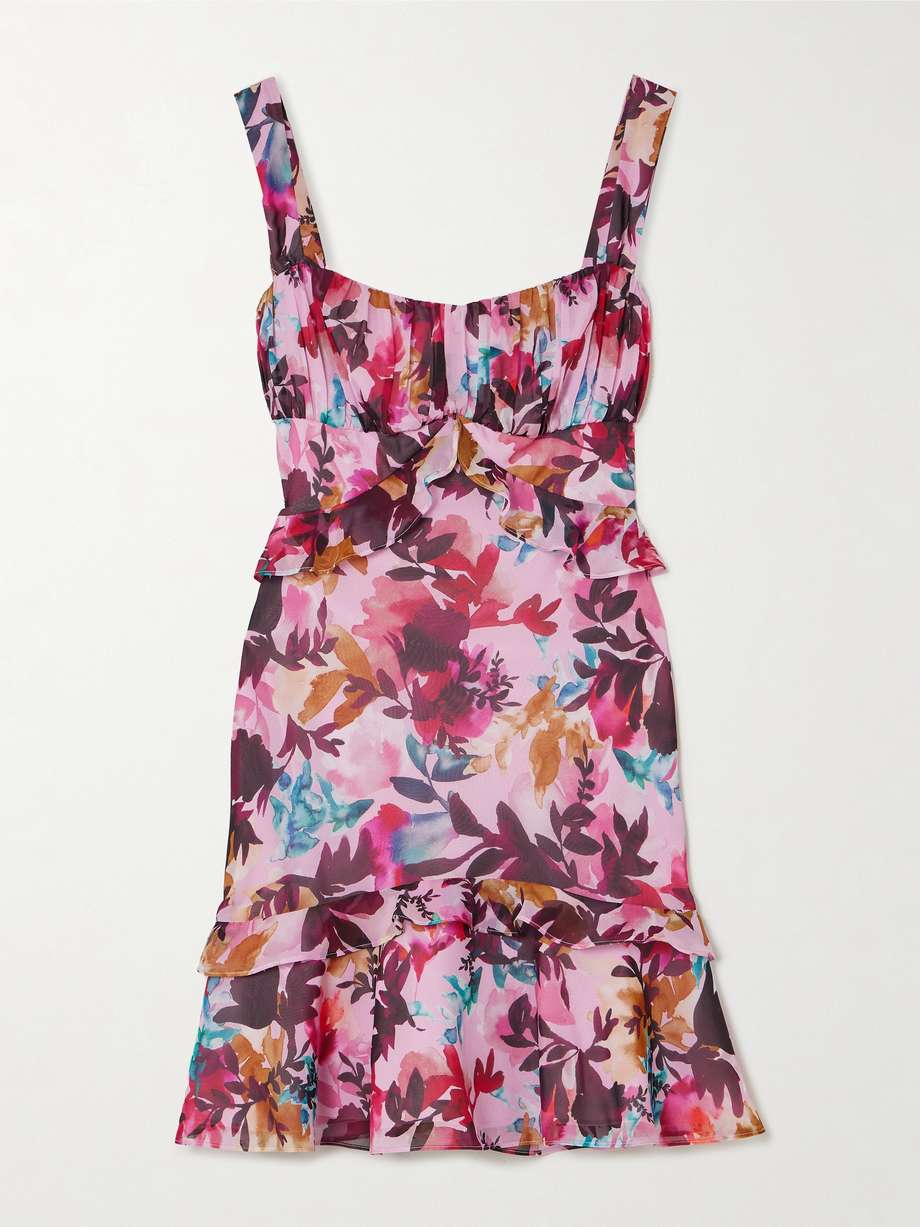 chandra ruffled floral-print silk crepe de chine mini dress