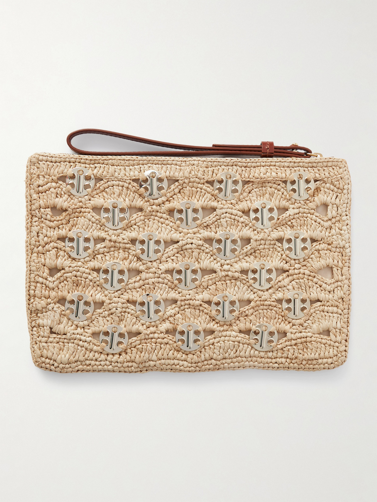 Rabanne Leather-trimmed Chainmail-embellished Raffia Pouch In Gold