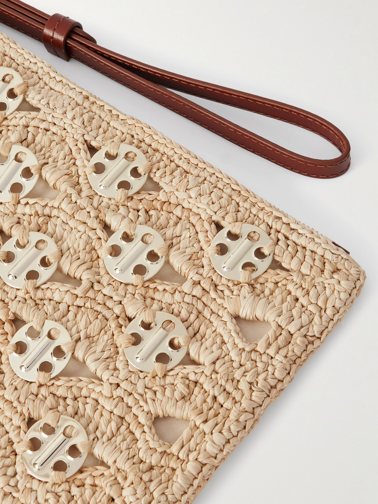 Rabanne Leather-trimmed Chainmail-embellished Raffia Pouch In Gold