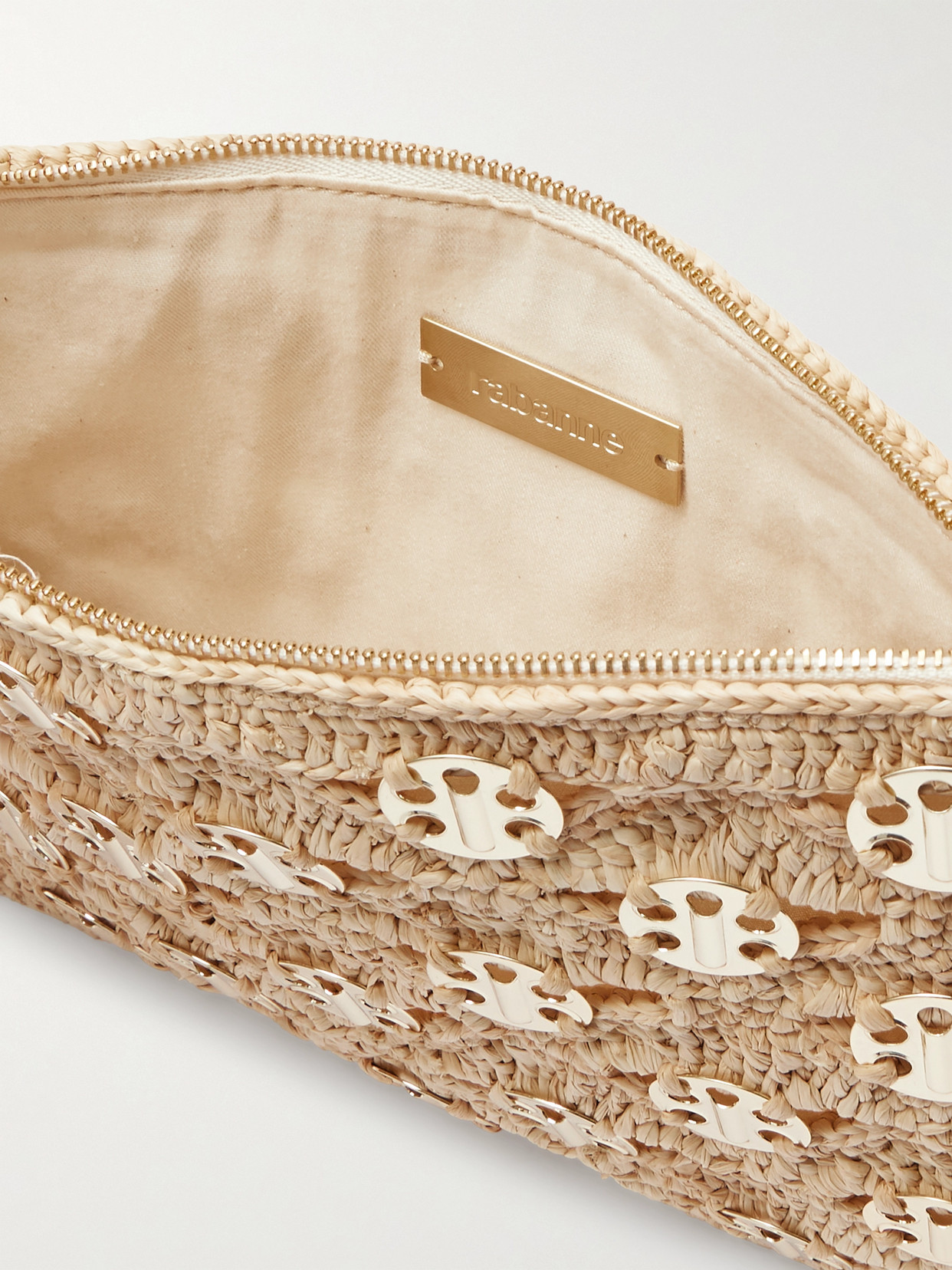 Rabanne Leather-trimmed Chainmail-embellished Raffia Pouch In Gold