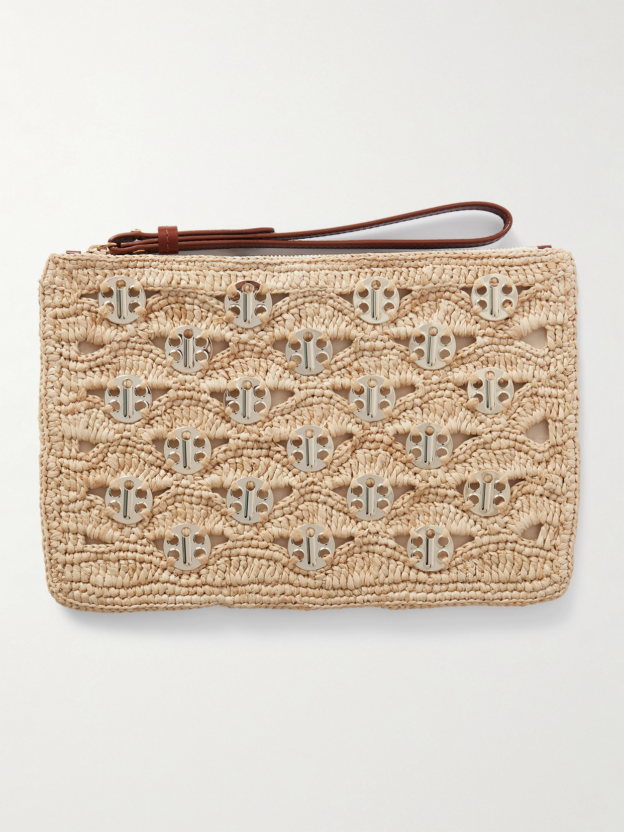 Rabanne Leather-trimmed Chainmail-embellished Raffia Pouch In Gold