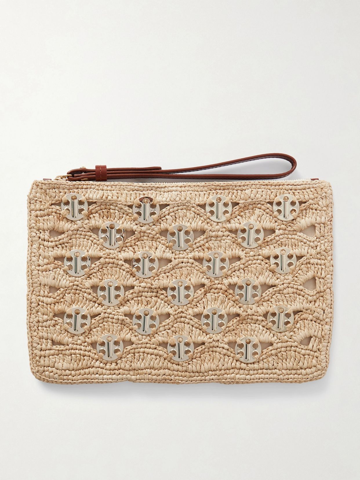 Leather-trimmed chainmail-embellished raffia pouch