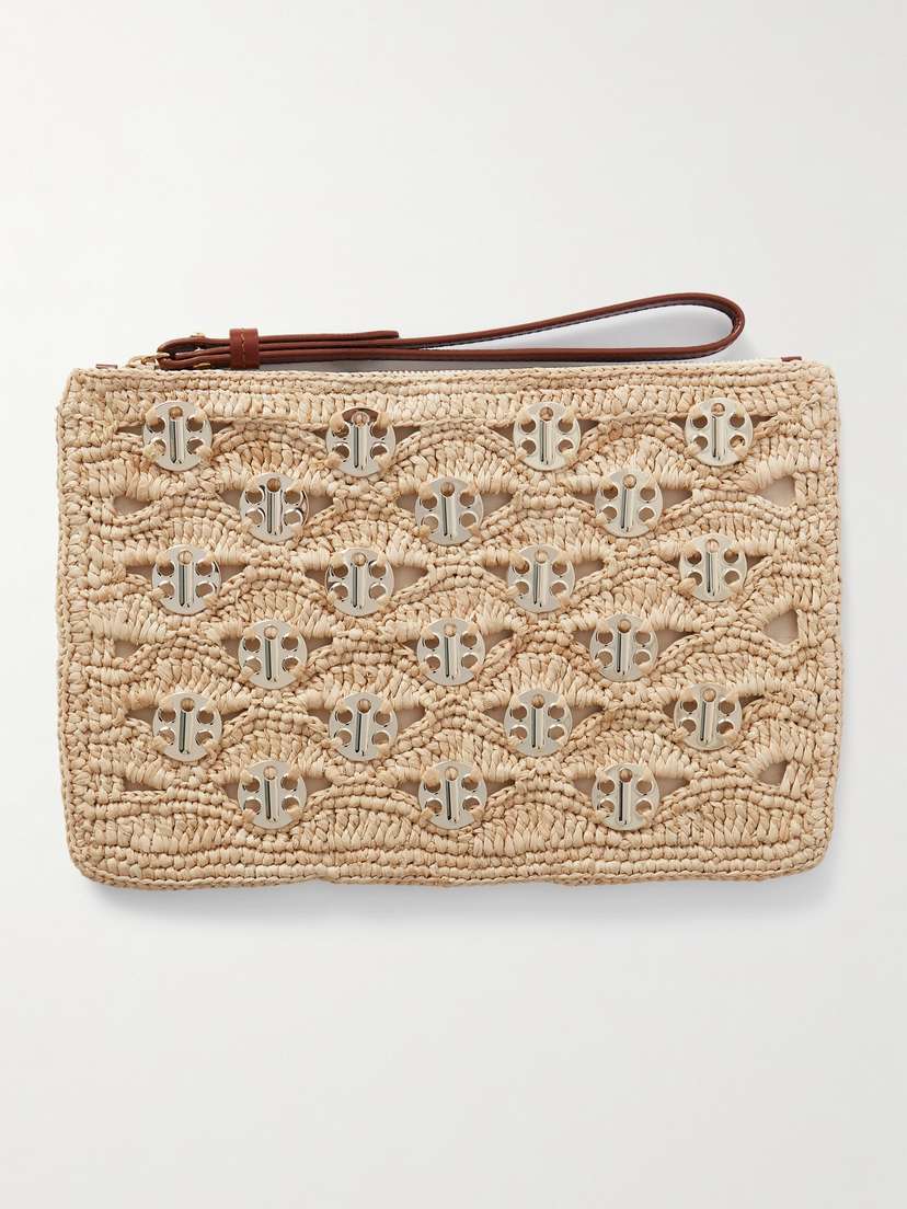 Rabanne Leather-trimmed Chainmail-embellished Raffia Pouch