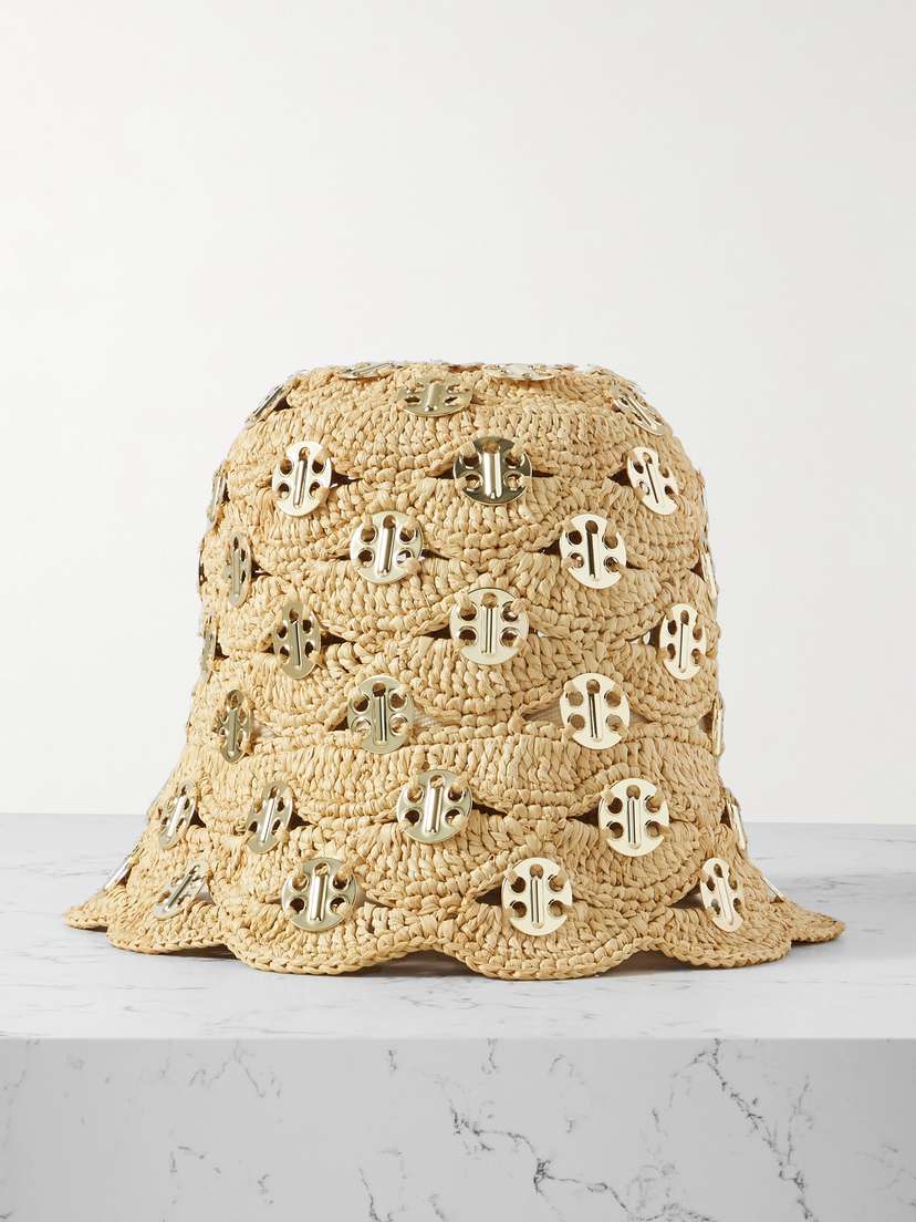 Rabanne Embellished Scalloped Crocheted Raffia Bucket Hat