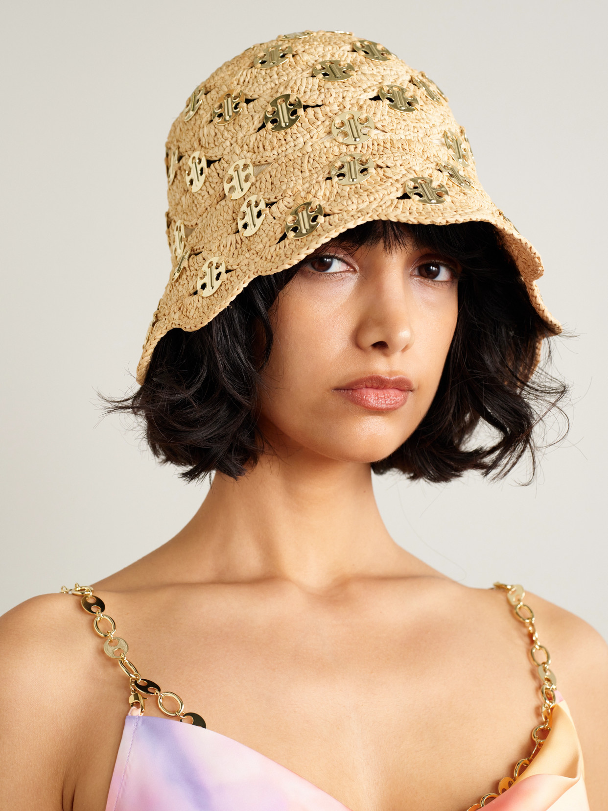 Rabanne Embellished Scalloped Crocheted Raffia Bucket Hat