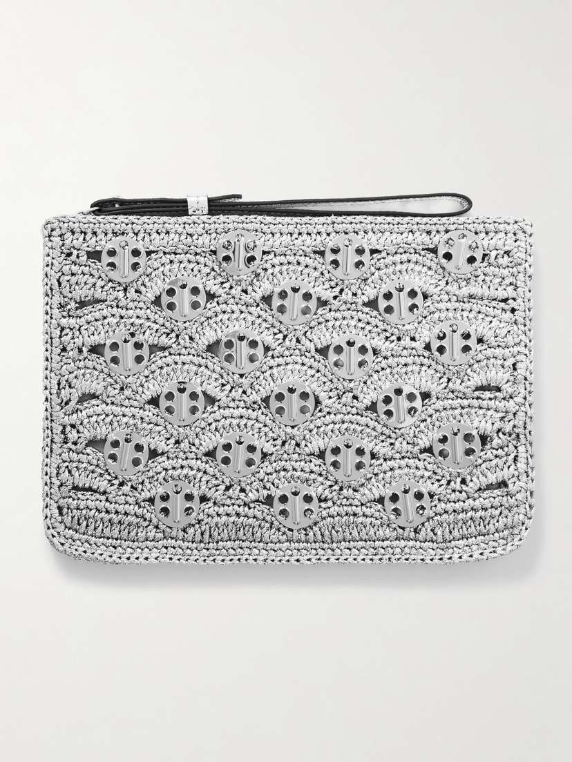 Rabanne Chainmail-embellished Metallic Leather-trimmed Raffia Pouch