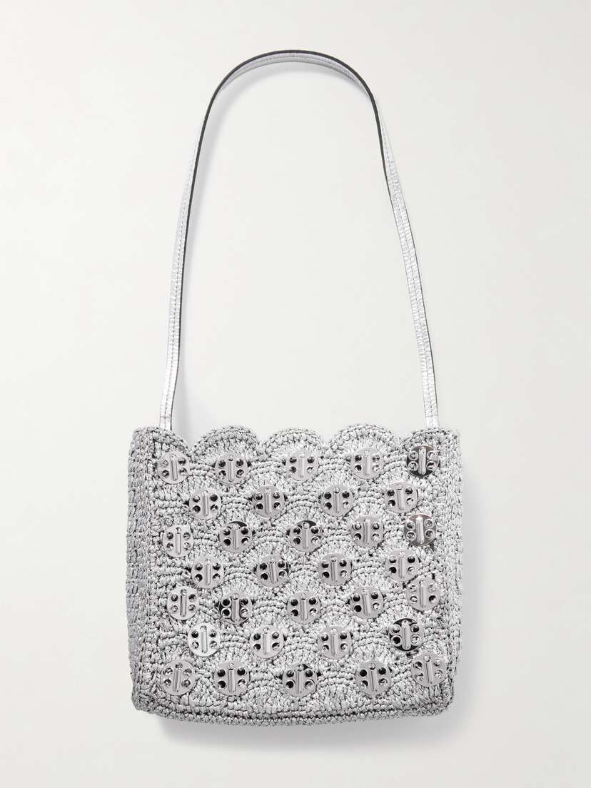 Rabanne Chainmail-embellished Metallic Leather-trimmed Raffia Shoulder Bag