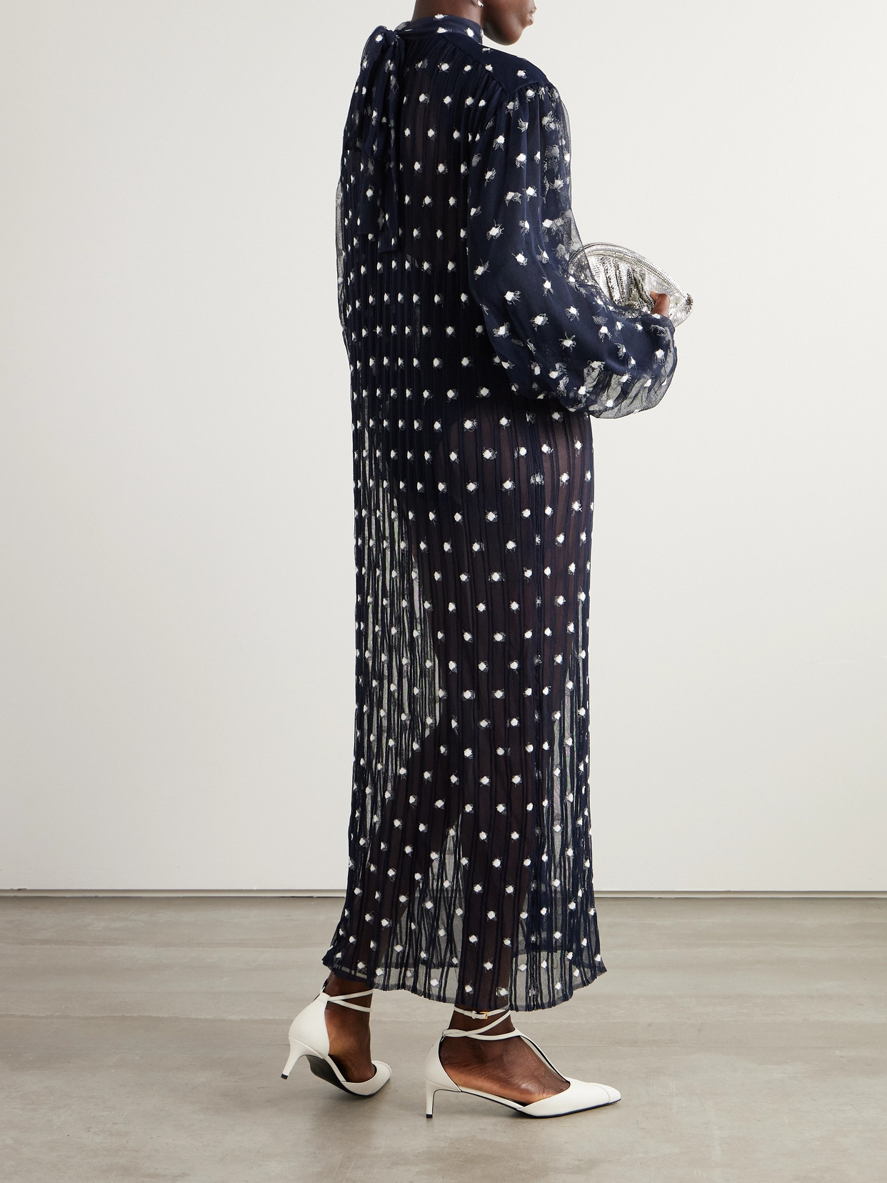 Marie Adam-leenaerdt Polka-dot Chiffon-trimmed Ribbed-knit Midi Dress