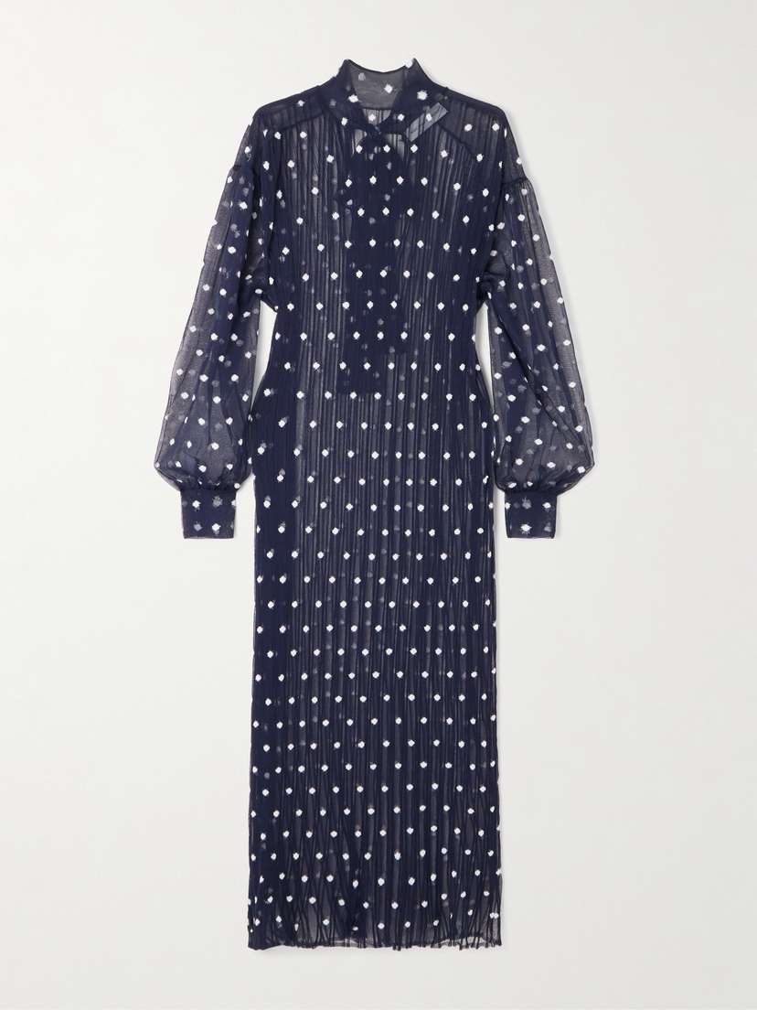 Marie Adam-Leenaerdt Polka-dot Chiffon-trimmed Ribbed-knit Midi Dress