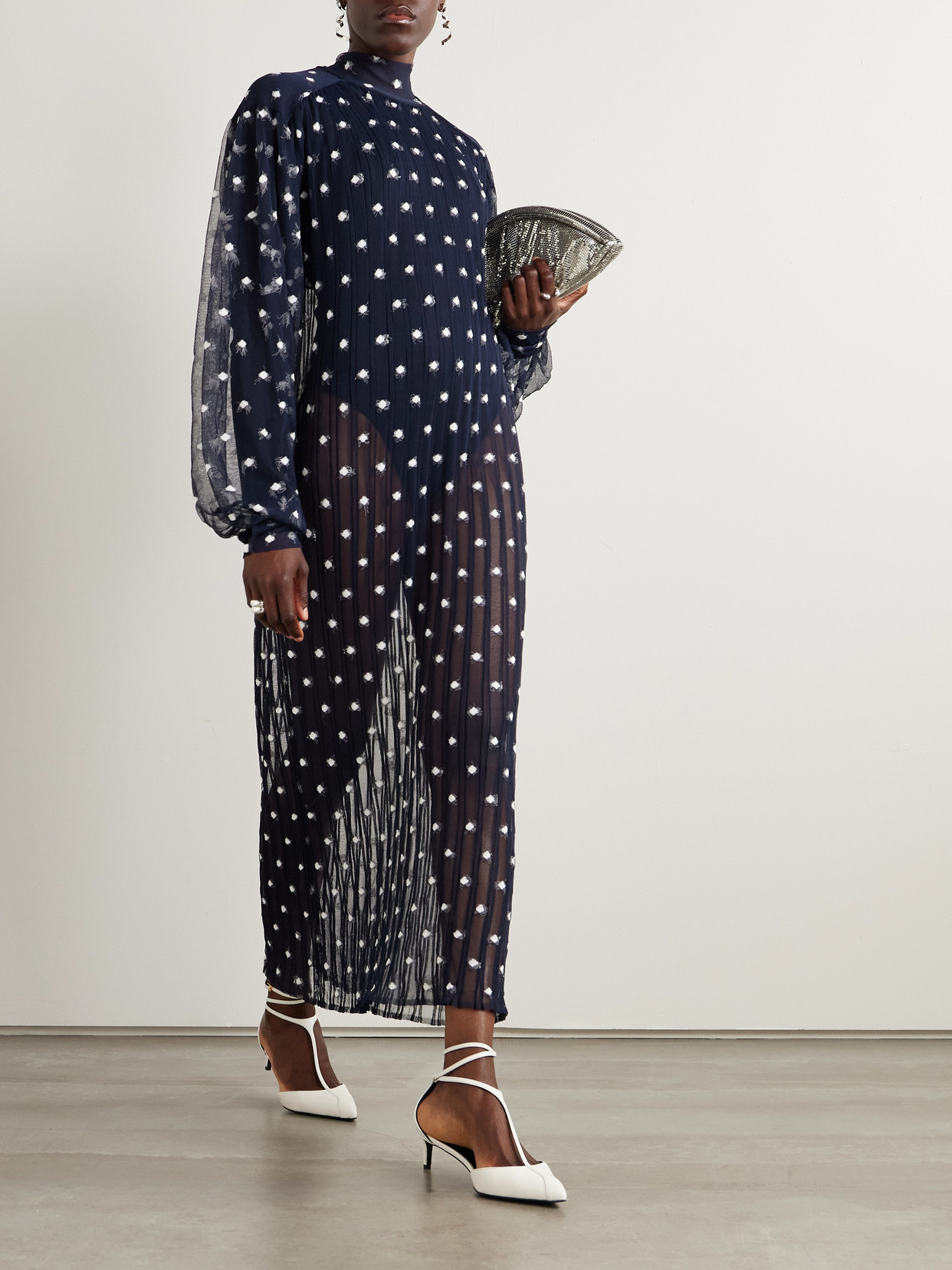 Marie Adam-leenaerdt Polka-dot Chiffon-trimmed Ribbed-knit Midi Dress