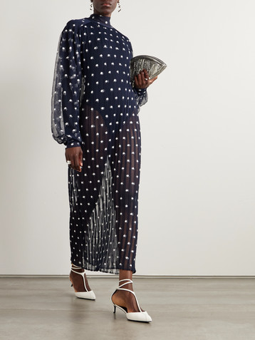 Marie Adam-leenaerdt Polka-dot chiffon-trimmed ribbed-knit midi dress