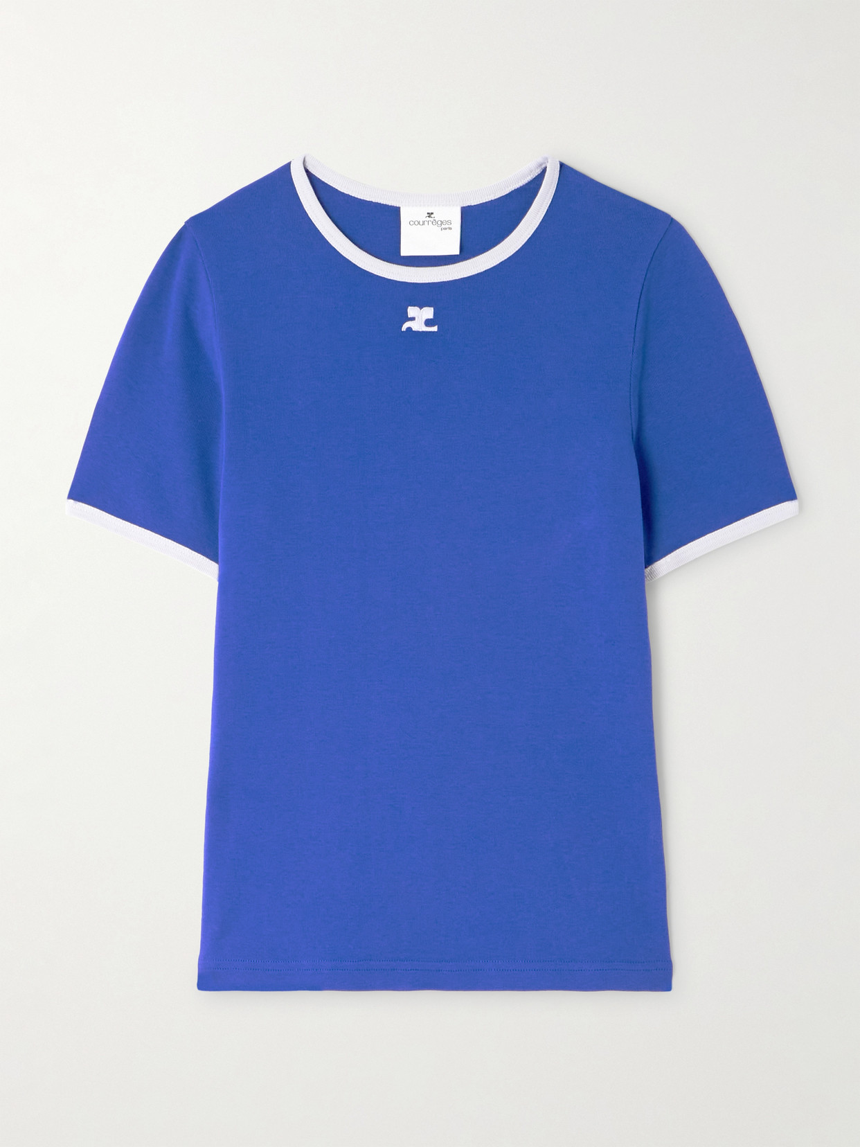 Courrèges Cropped Embroidered Cotton-jersey T-shirt In Blue