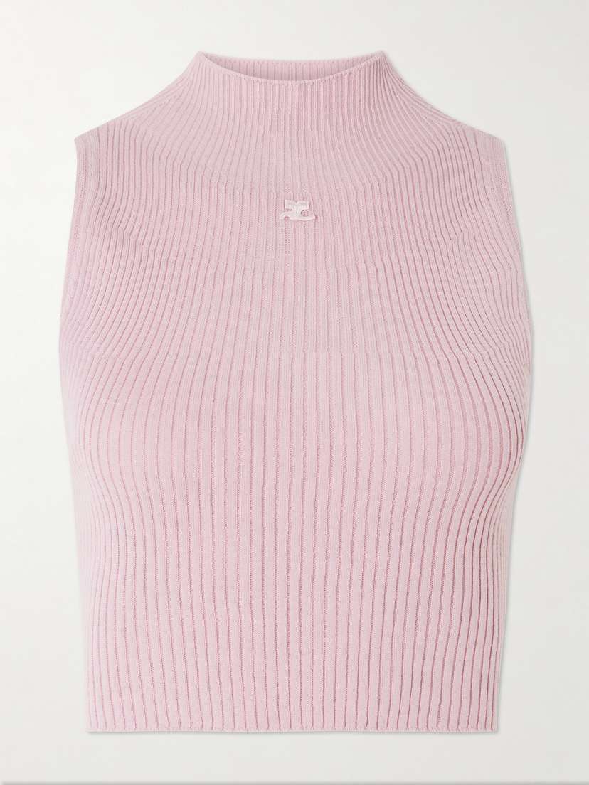 Courrèges Cropped Appliquéd Ribbed Cotton And Merino Wool-blend Tank