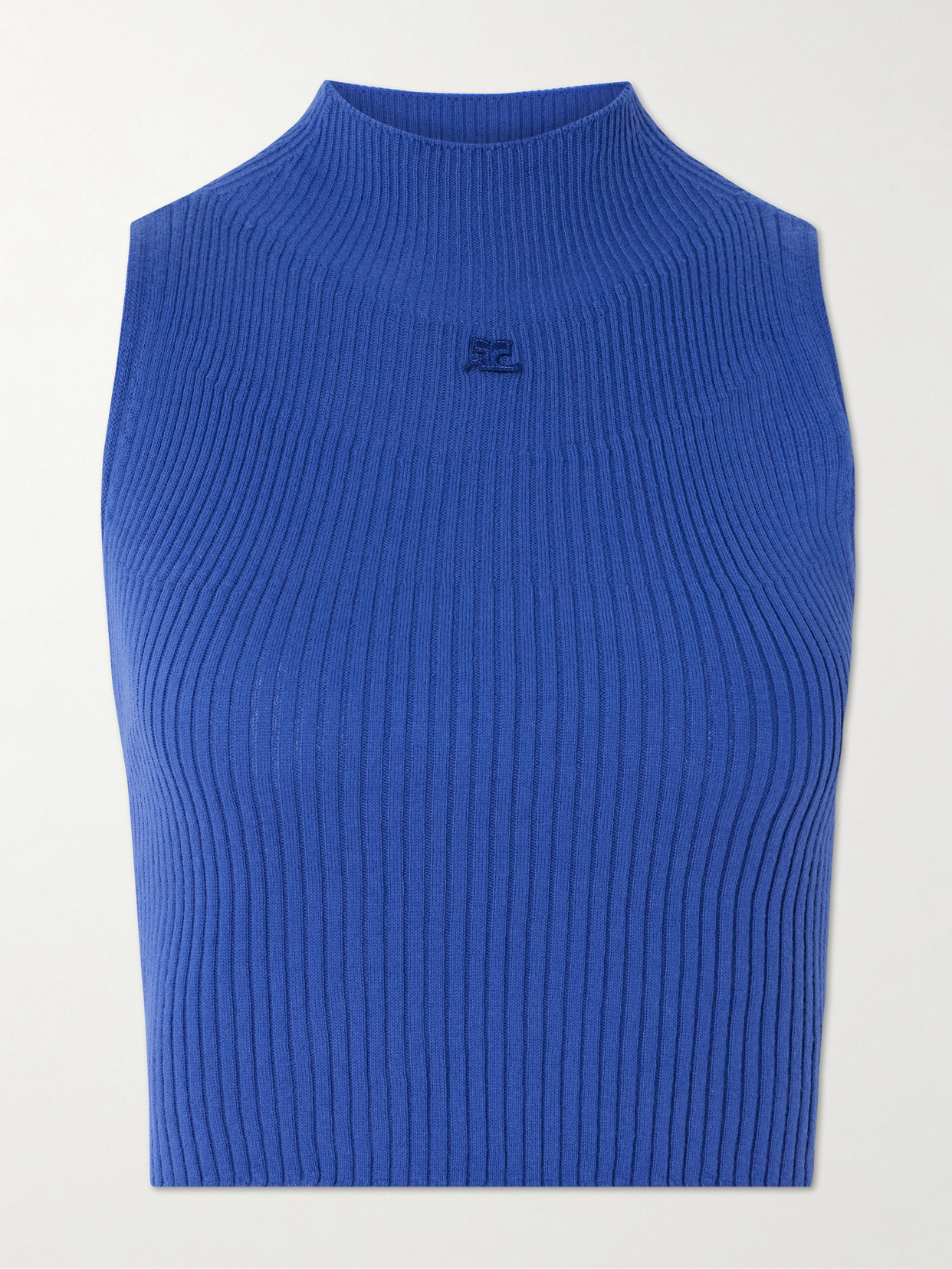 Courrèges Mock Neck Light Ribbed Cotton Top In Blue