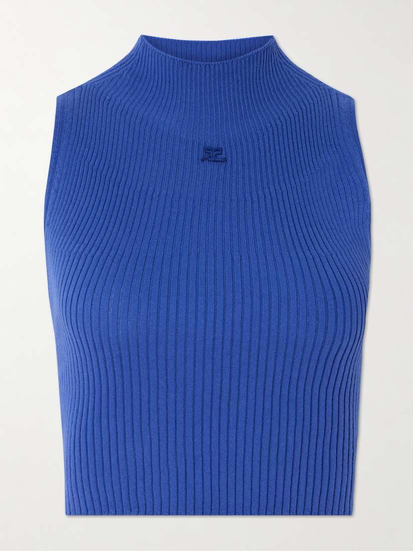 Courrèges Cropped Appliquéd Ribbed Cotton And Merino Wool-blend Tank