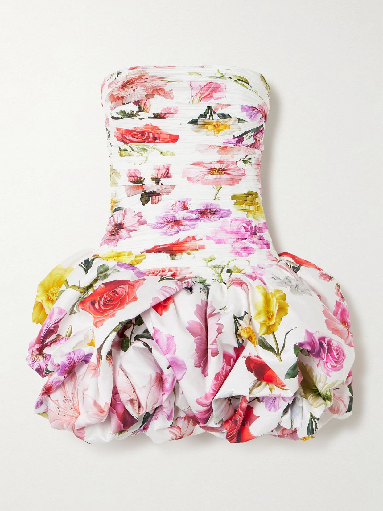 Aje Violette Strapless Ruched Floral-print Cotton Mini Dress In White