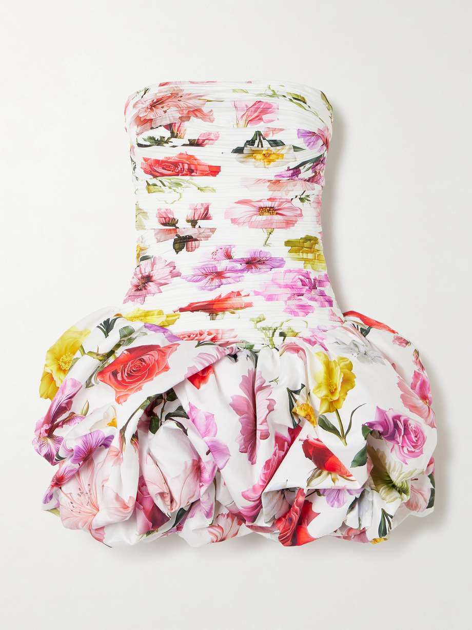 violette strapless ruched floral-print cotton mini dress