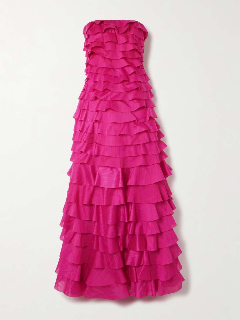 Aje Fleur Strapless Ruffled Tiered Gauze Gown