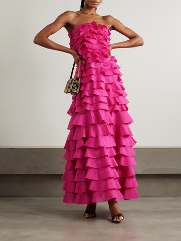 Aje Fleur strapless ruffled tiered gauze gown