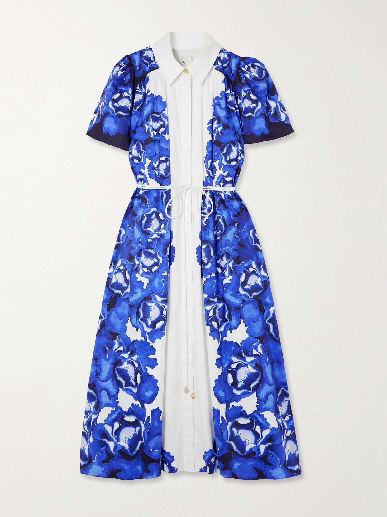 Aje Fernanda Belted Embellished Floral-print Cotton Midi Shirt Dress In Blue