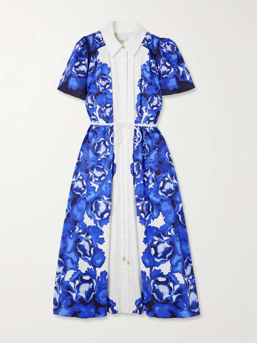 Aje Fernanda Belted Embellished Floral-print Cotton Midi Shirt Dress