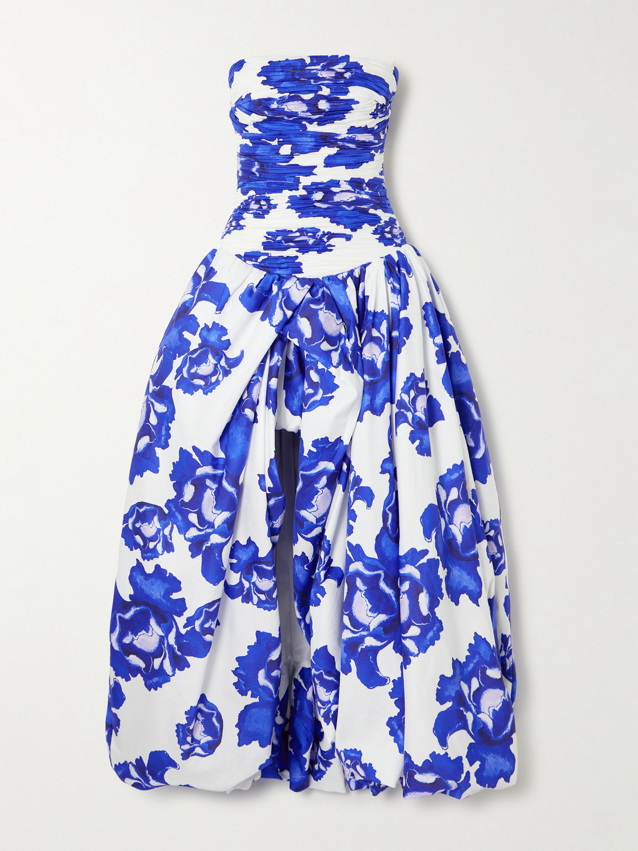 Aje Behold Strapless Ruched Floral-print Cotton-poplin Gown In Blue