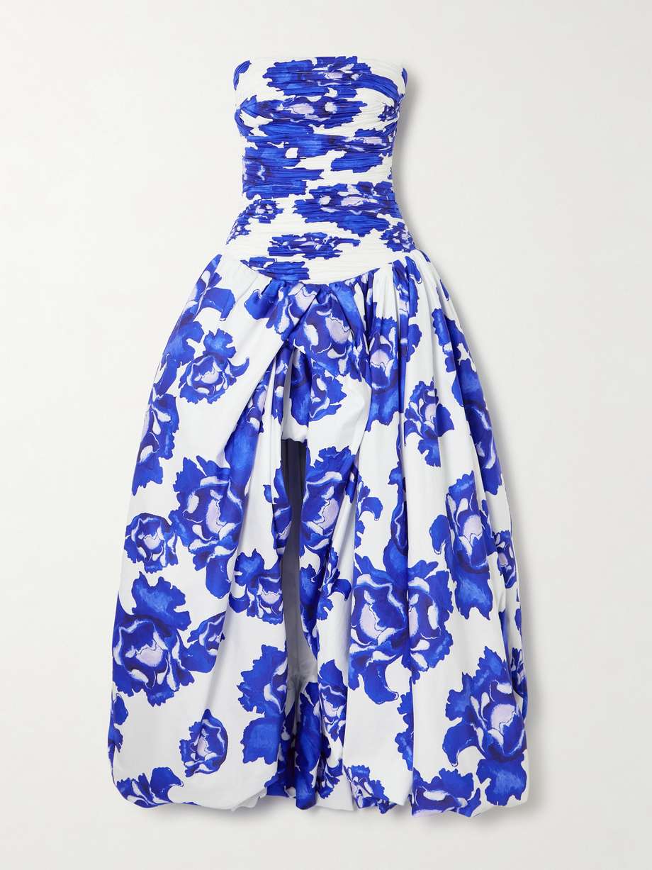 behold strapless ruched floral-print cotton-poplin gown