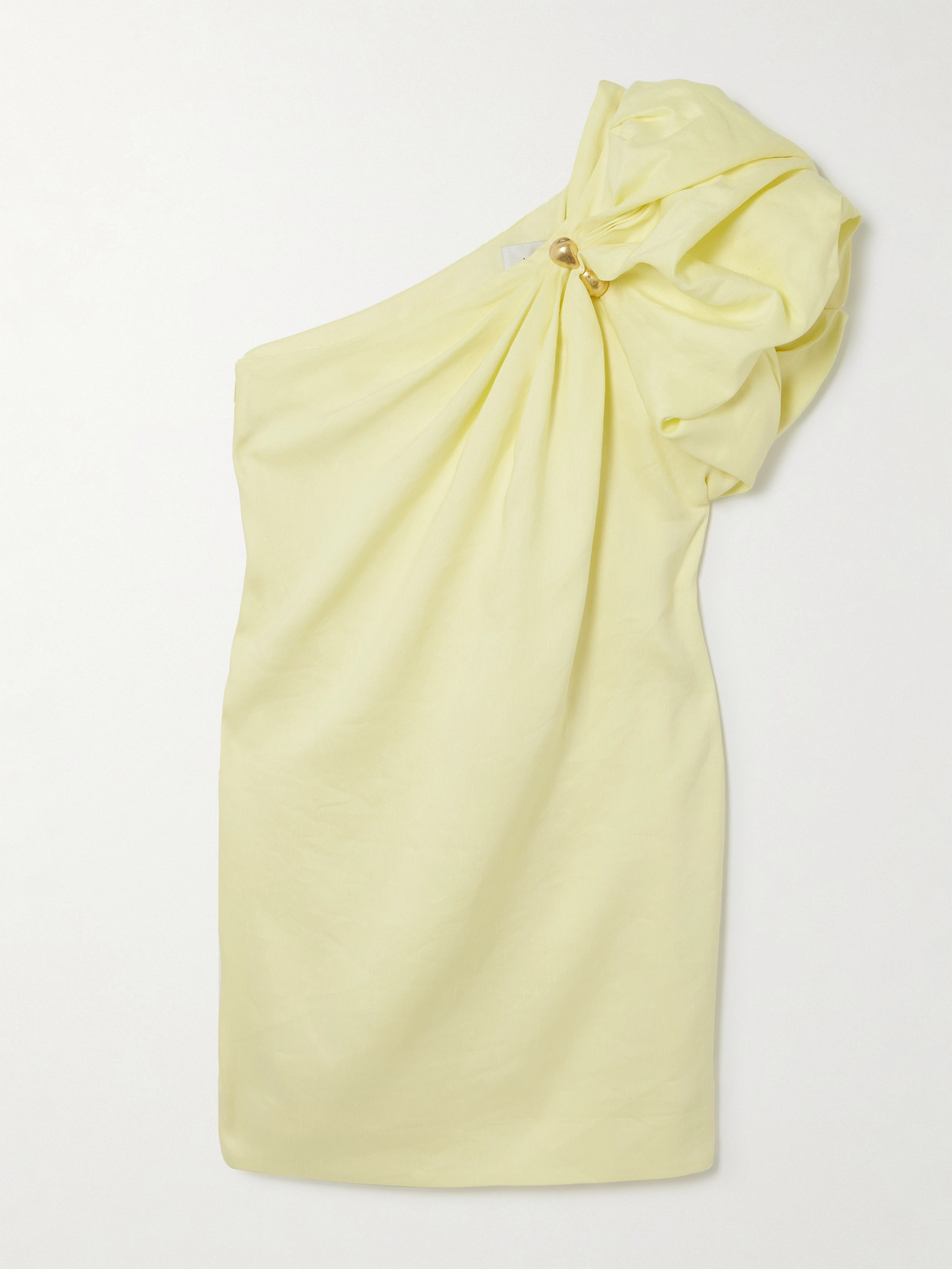 Aje Cira One-shoulder Embellished Draped Linen-blend Mini Dress In Yellow