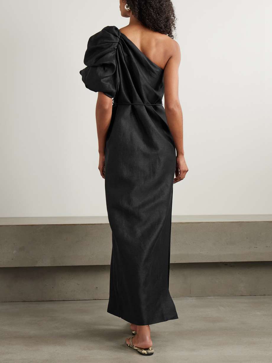 cira one-shoulder embellished draped linen-blend maxi dress