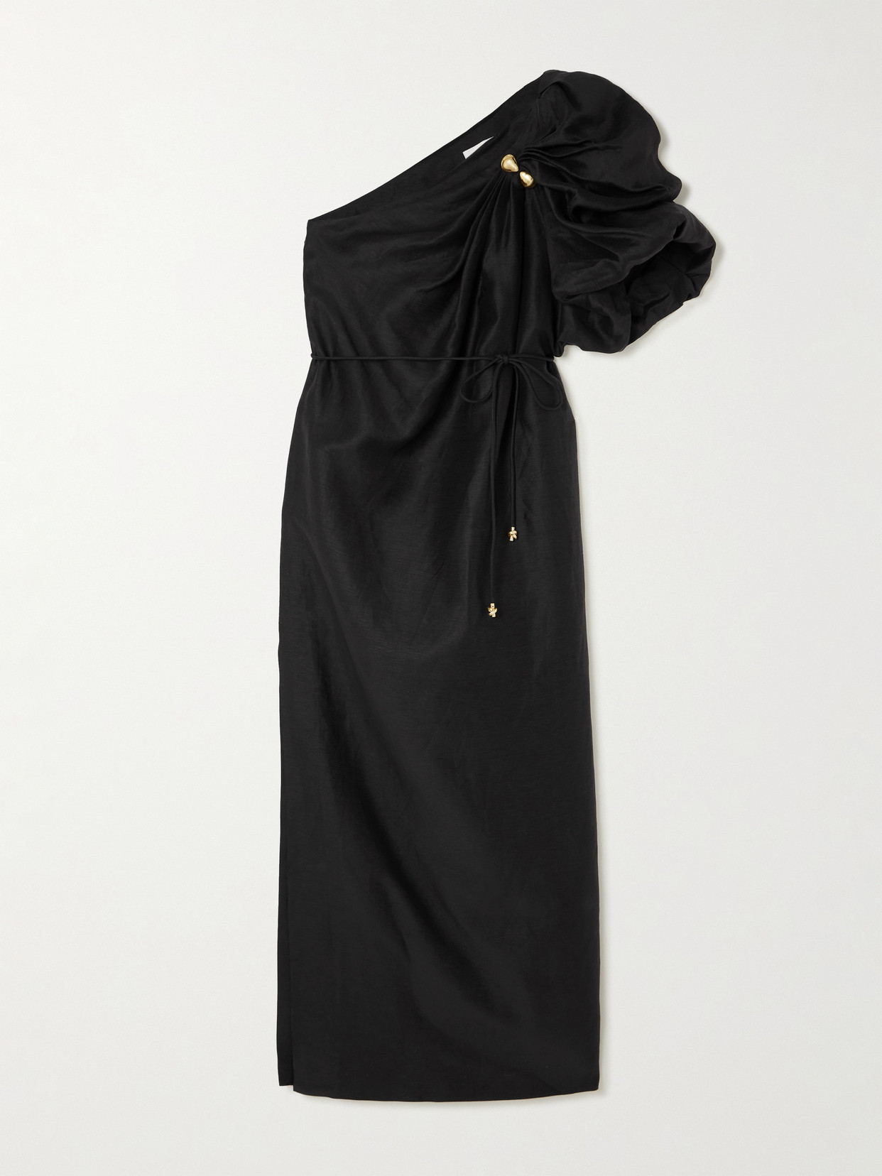 Aje Cira One-shoulder Embellished Draped Linen-blend Maxi Dress In Black