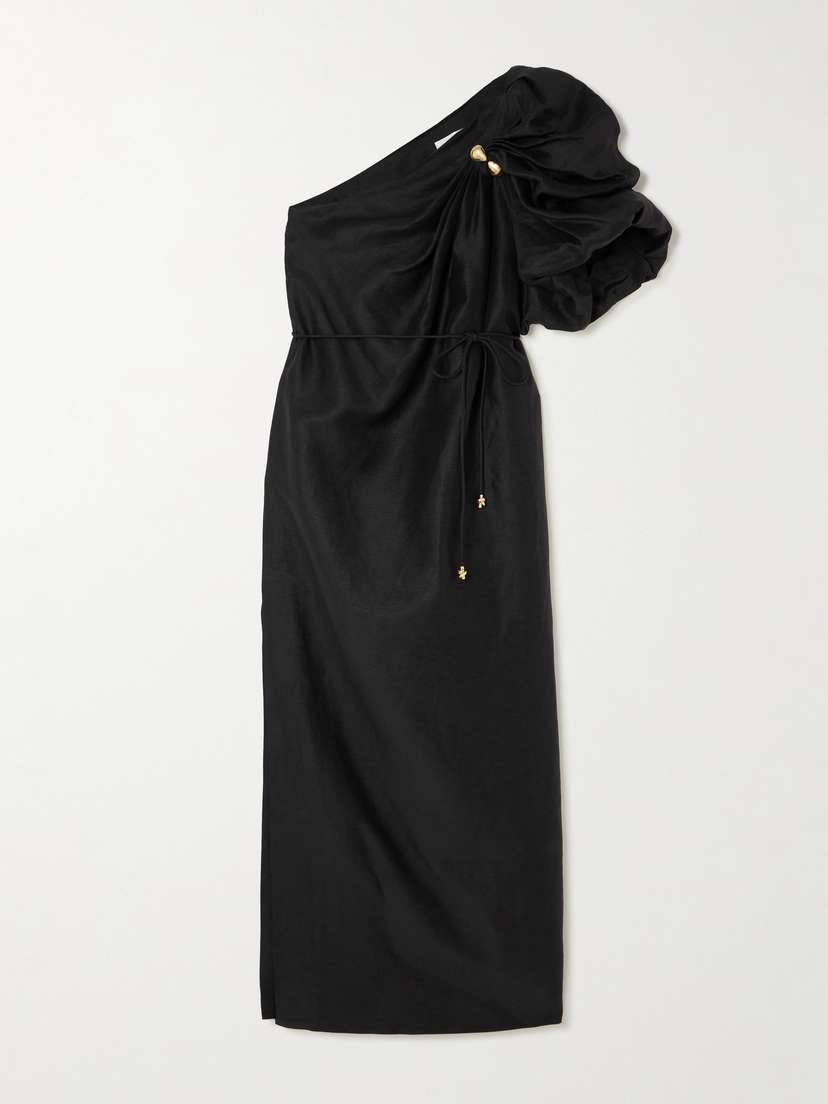 Aje Cira One-shoulder Embellished Draped Linen-blend Maxi Dress