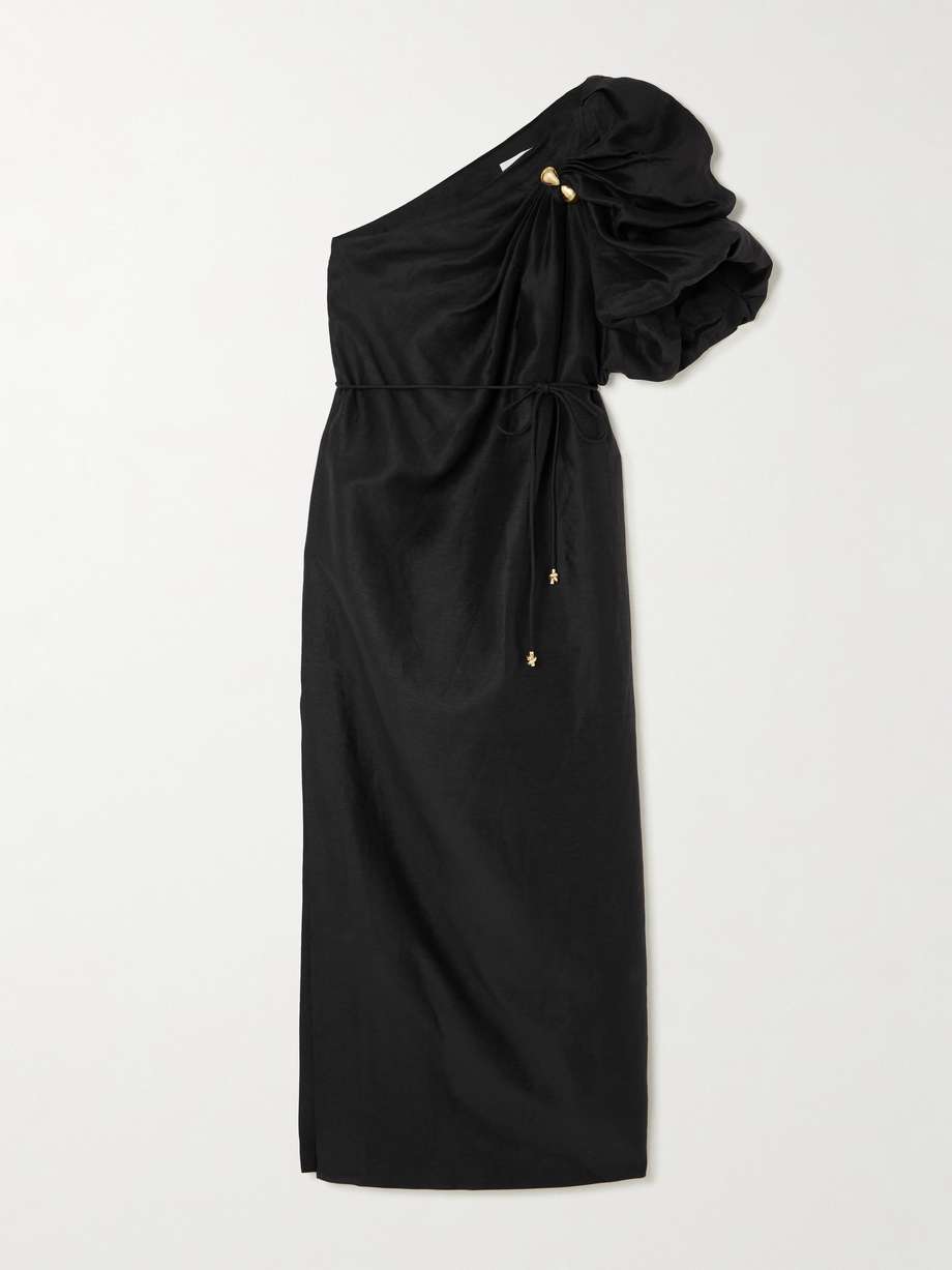 cira one-shoulder embellished draped linen-blend maxi dress