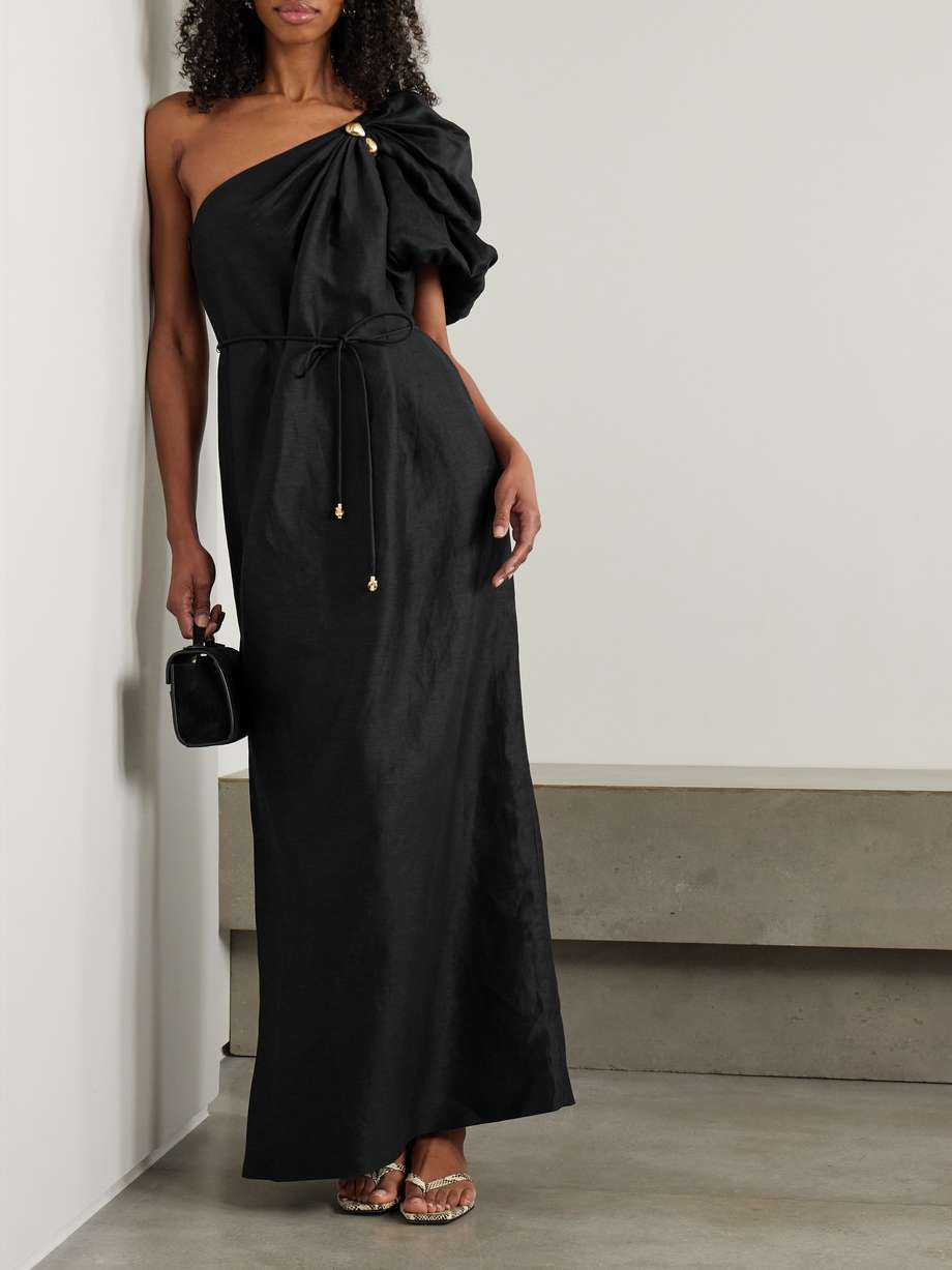 cira one-shoulder embellished draped linen-blend maxi dress
