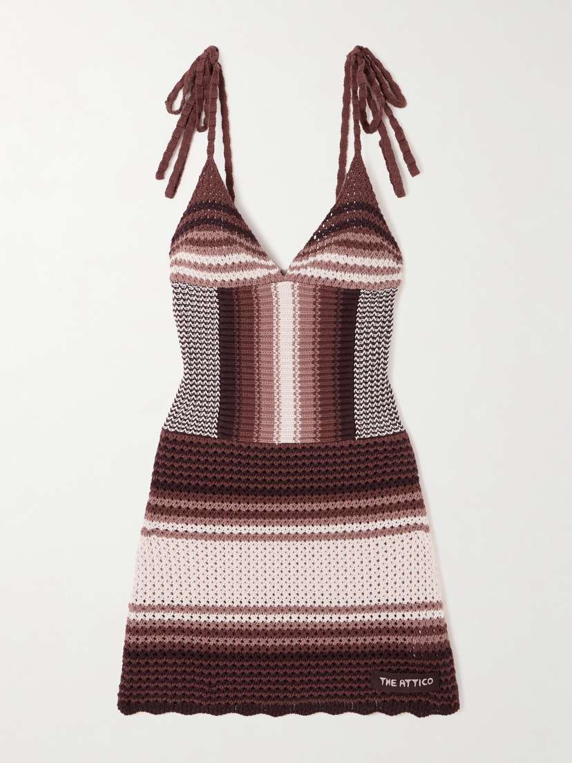 The Attico Striped Crocheted Cotton Mini Dress