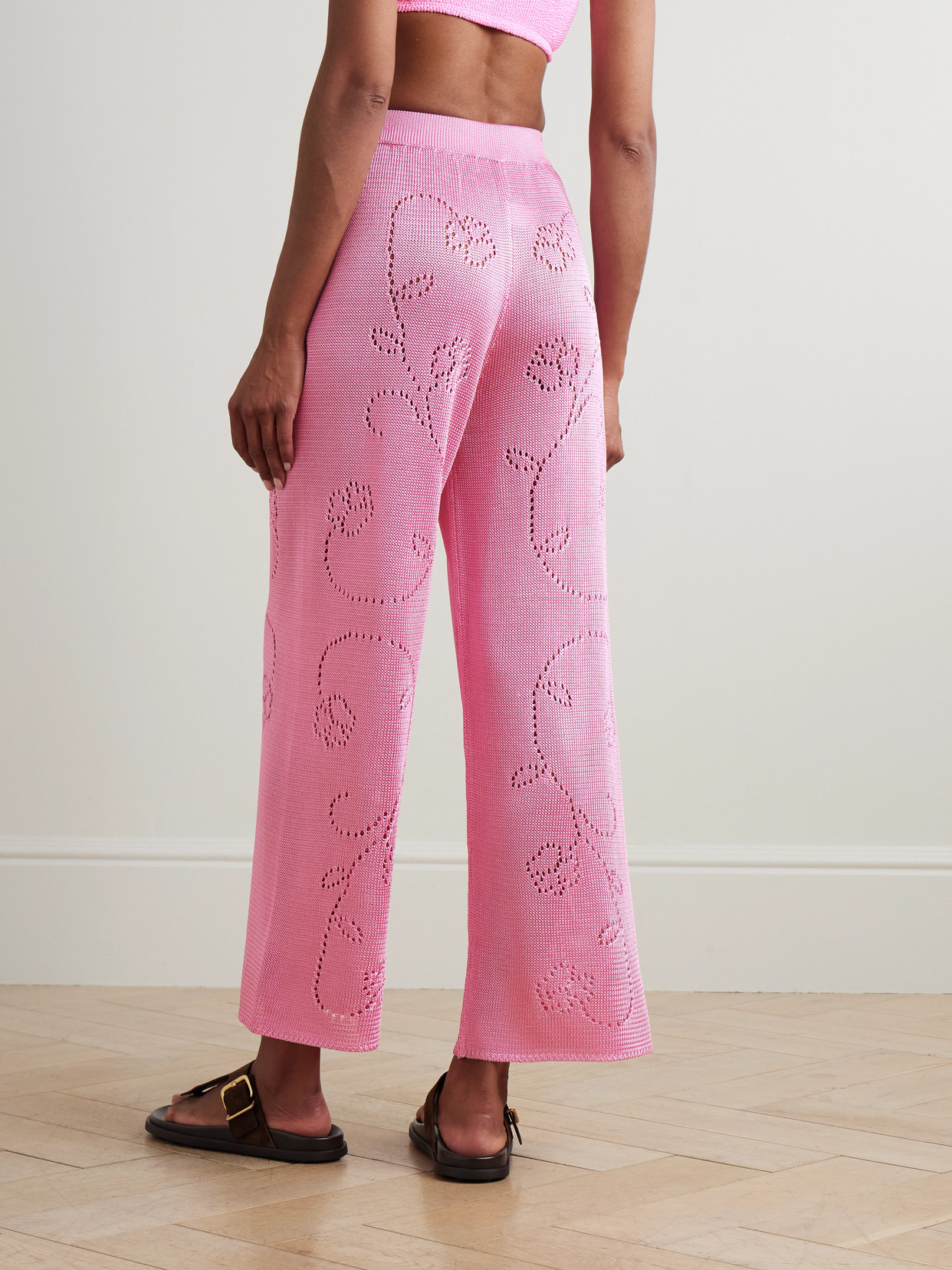 Calle Del Mar Ivy Pointelle-knit Wide-leg Pants In Pink