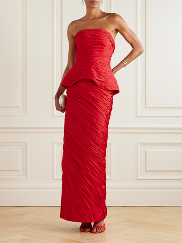 MARMAR HALIM Strapless gathered plissé-taffeta gown