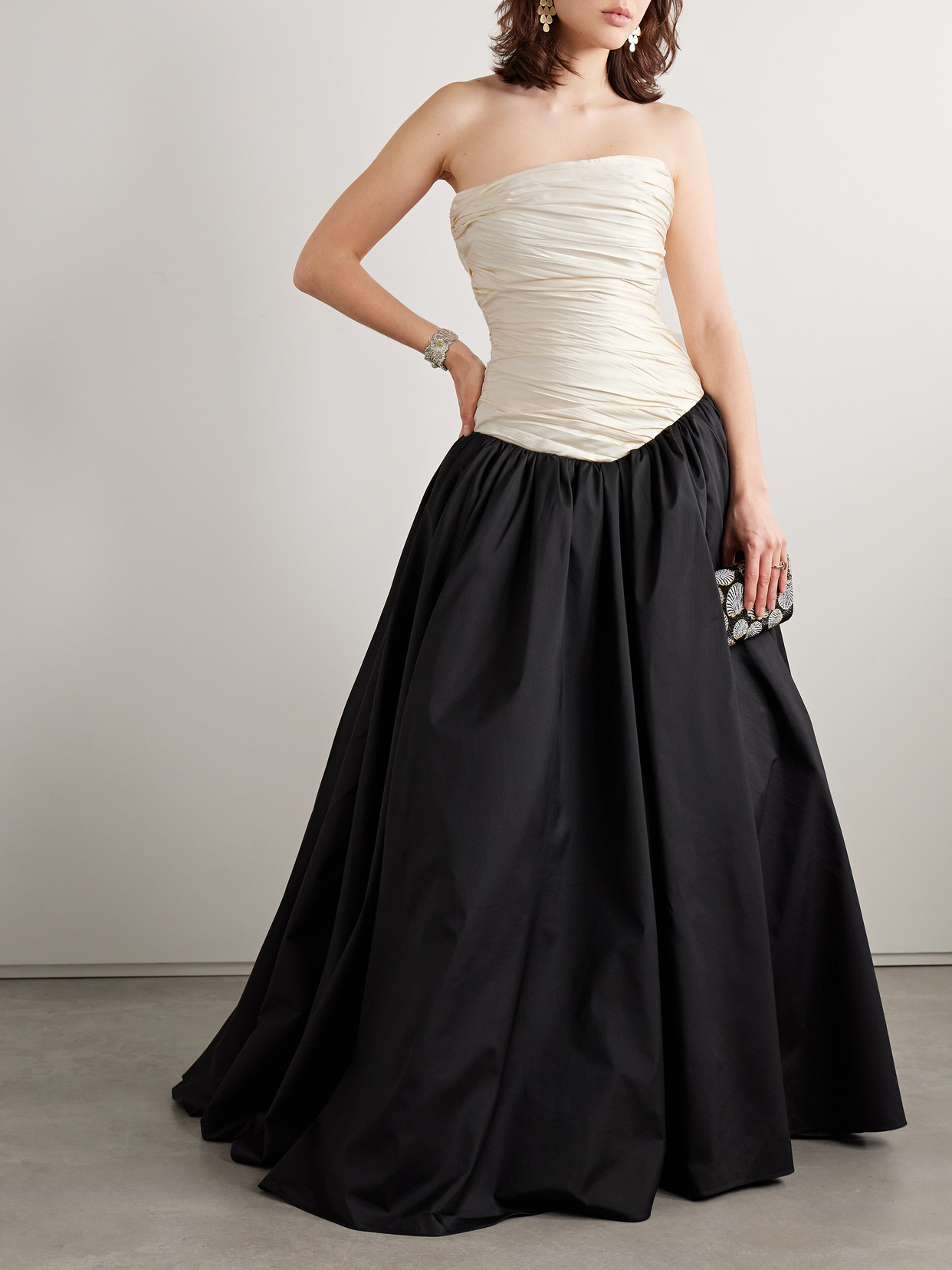 Marmar Halim Strapless Two-tone Gathered Plissé-mikado And Taffeta Gown