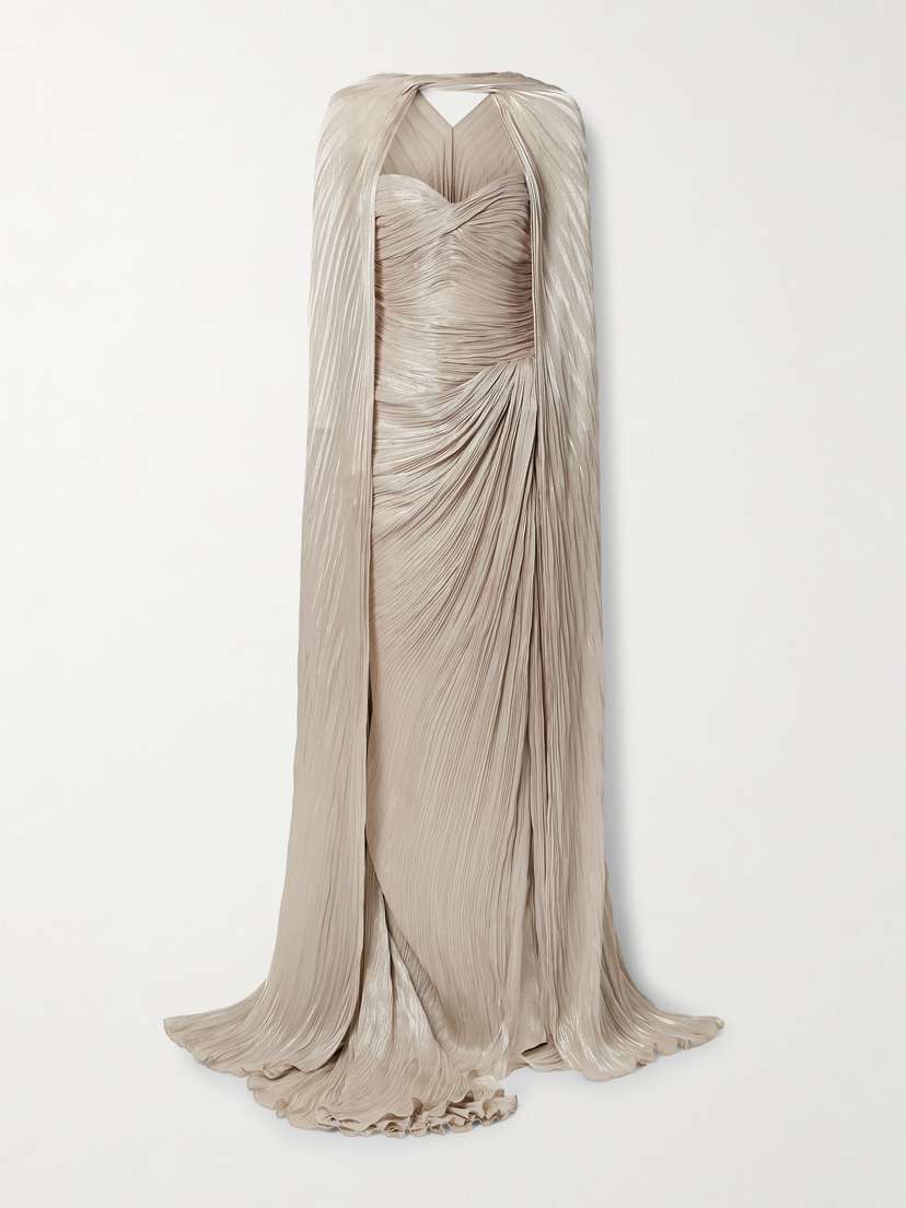 Marmar Halim Strapless Draped Metallic Plissé-silk Gown And Cape