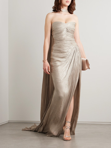 MARMAR HALIM Strapless draped metallic plissé-silk gown and cape