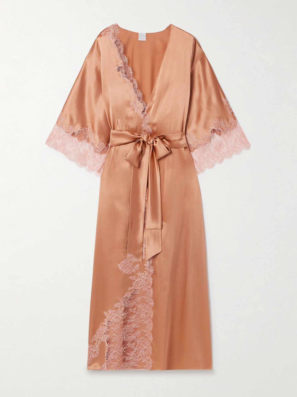Carine Gilson Belted Chantilly Lace-trimmed Silk-satin Robe In Metallic
