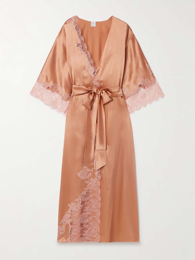 Carine Gilson Belted Chantilly Lace-trimmed Silk-satin Robe