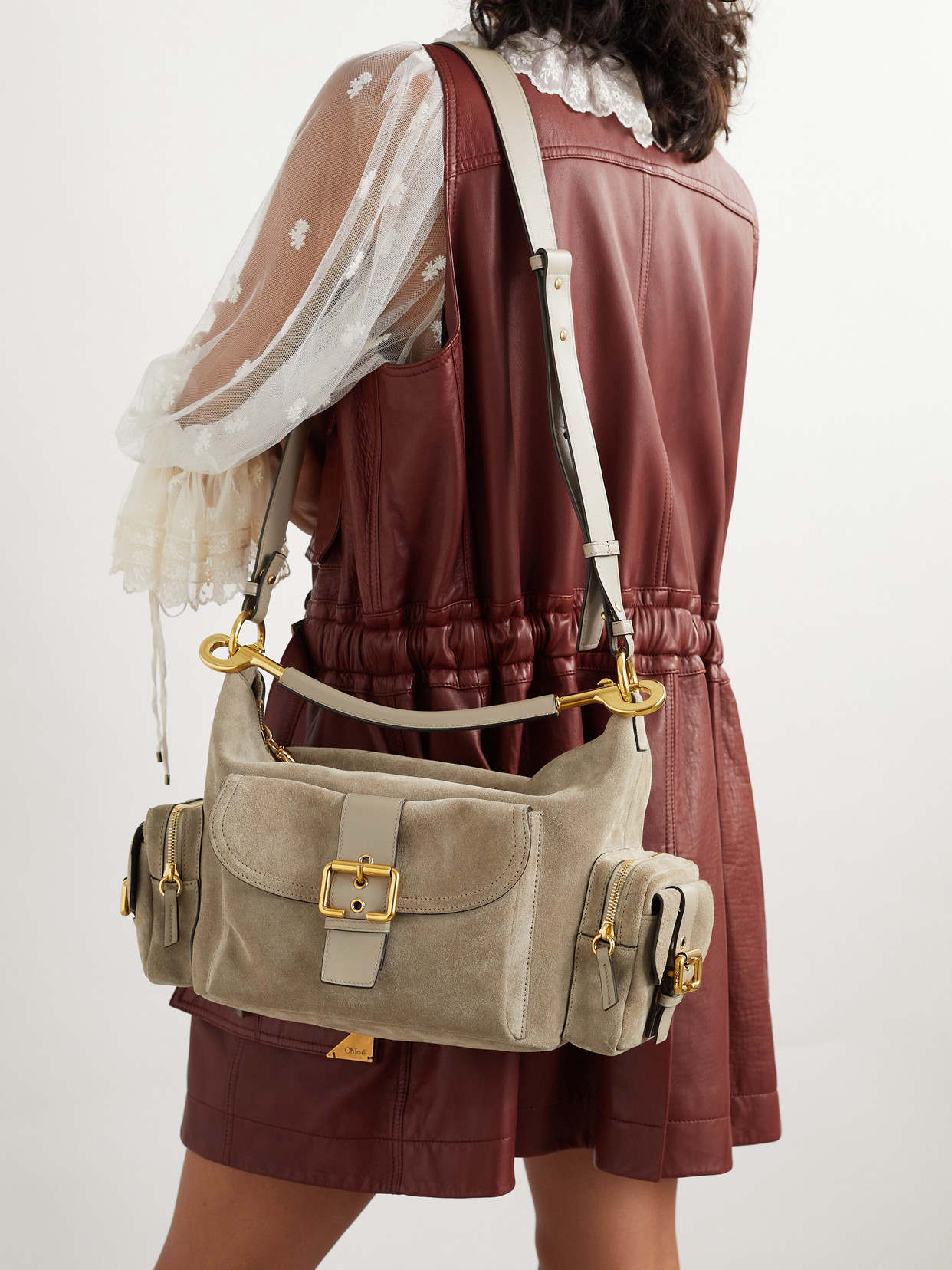 Chloé Camera Leather-trimmed Suede Shoulder Bag In Gray