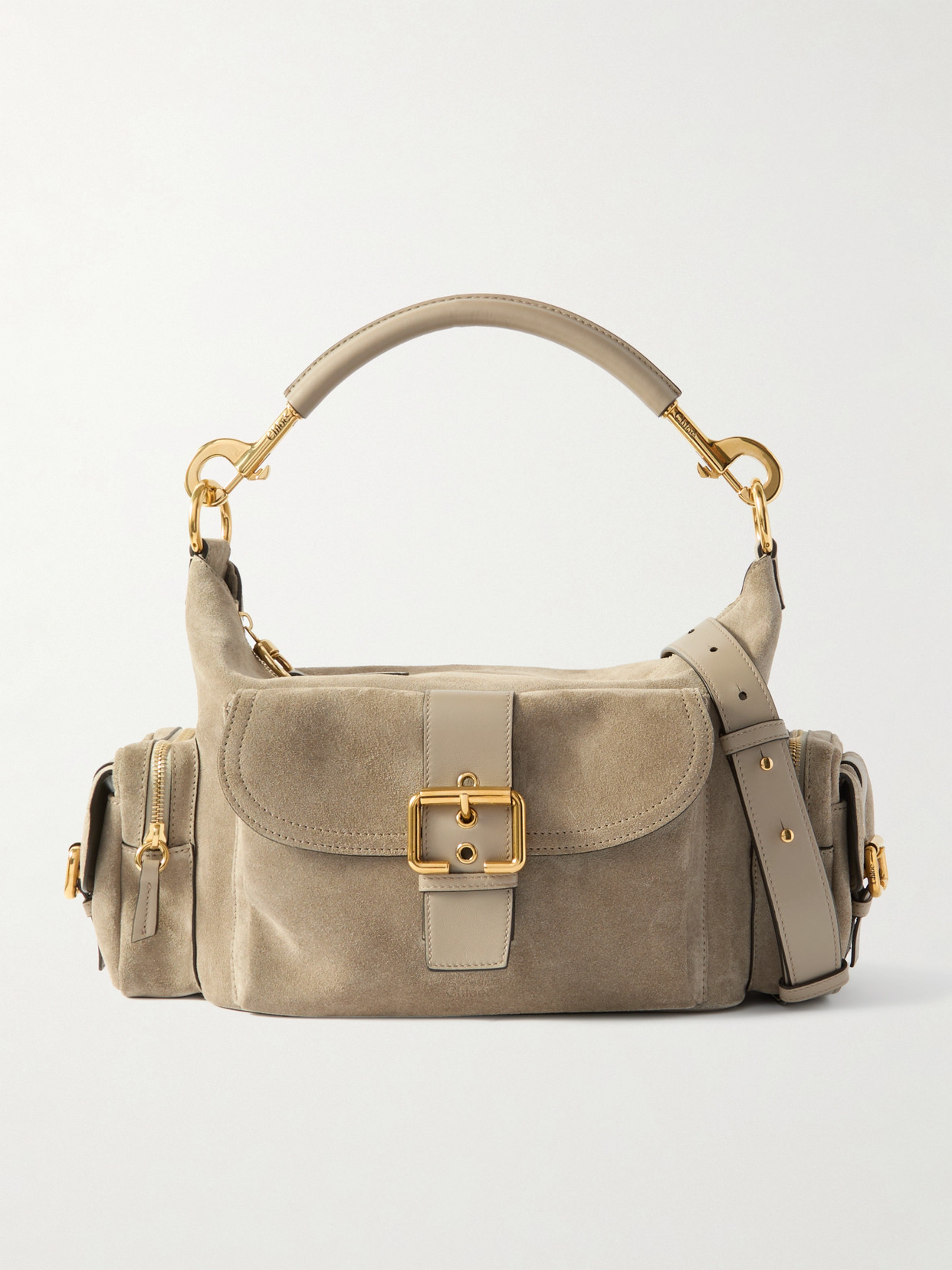 Chloé Camera Leather-trimmed Suede Shoulder Bag In Gray