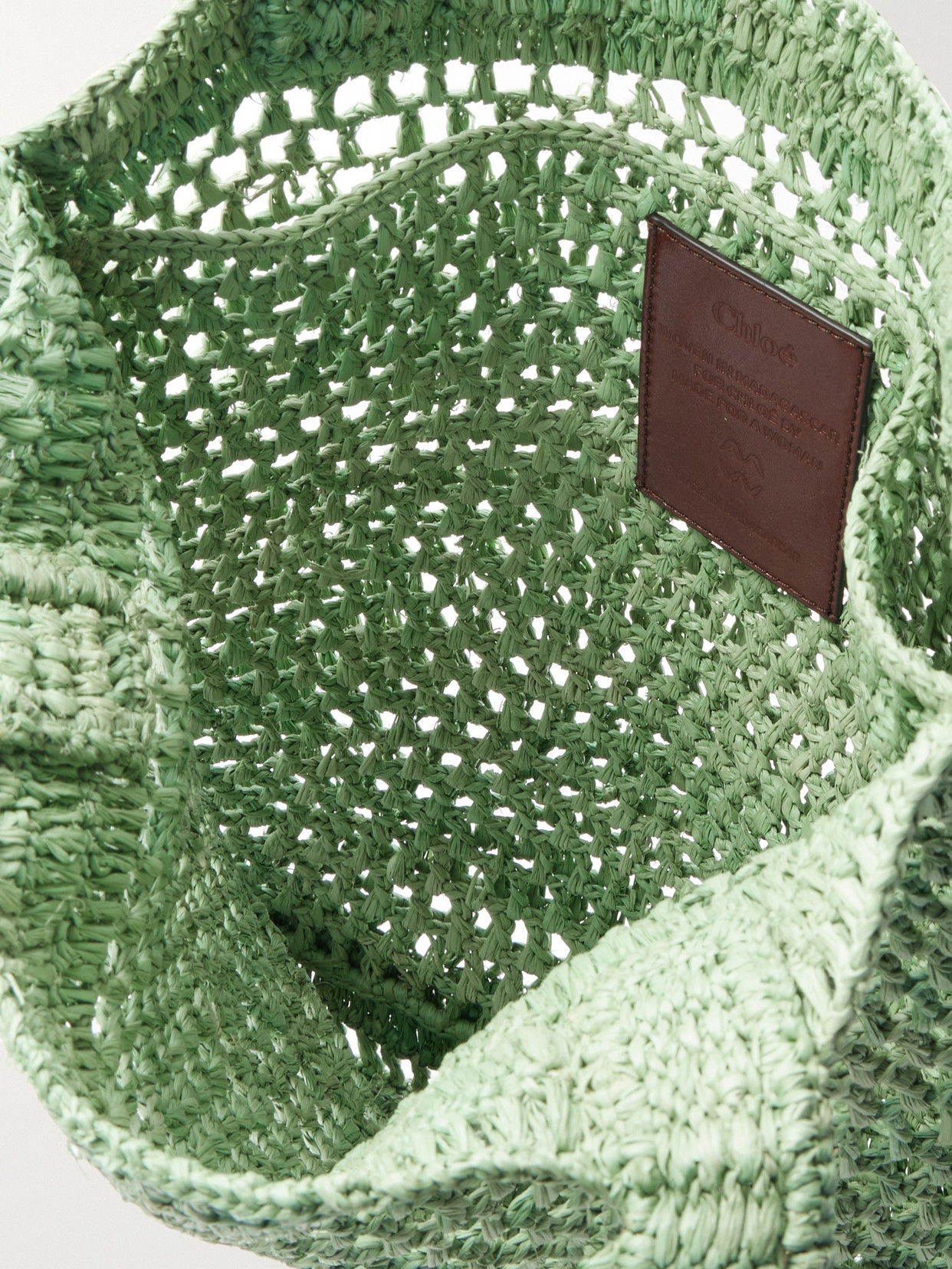 Shop Chloé Summer Banana Embellished Crocheted Embroidered Faux Raffia Tote In Green