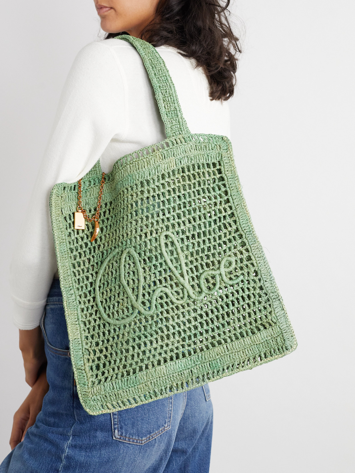 Shop Chloé Summer Banana Embellished Crocheted Embroidered Faux Raffia Tote In Green